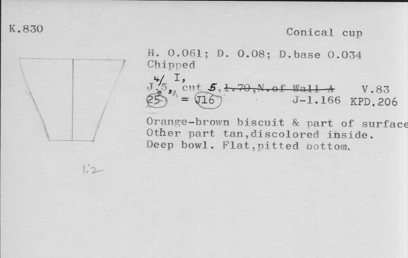 Index card with typed and handwritten information, sometimes including a sketch, of pottery from an excavation.