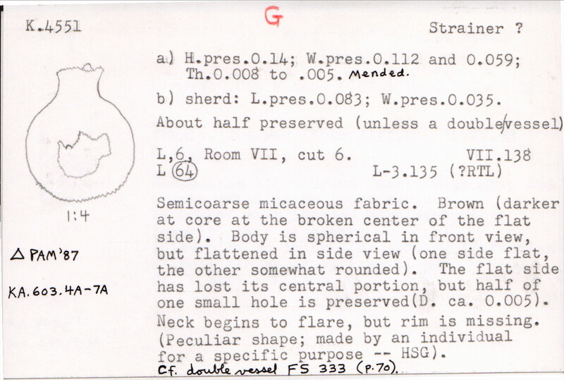 Index card with typed and handwritten information, sometimes including a sketch, of pottery from an excavation.
