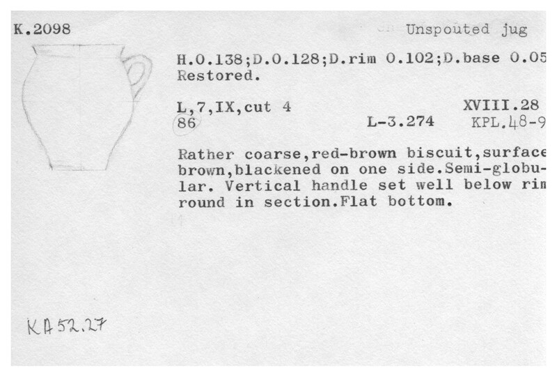 Index card with typed and handwritten information, sometimes including a sketch, of pottery from an excavation.