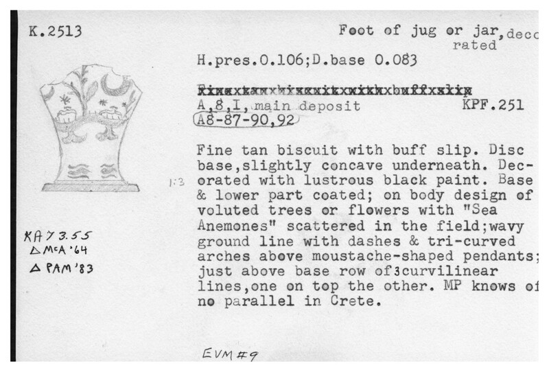Index card with typed and handwritten information, sometimes including a sketch, of pottery from an excavation.