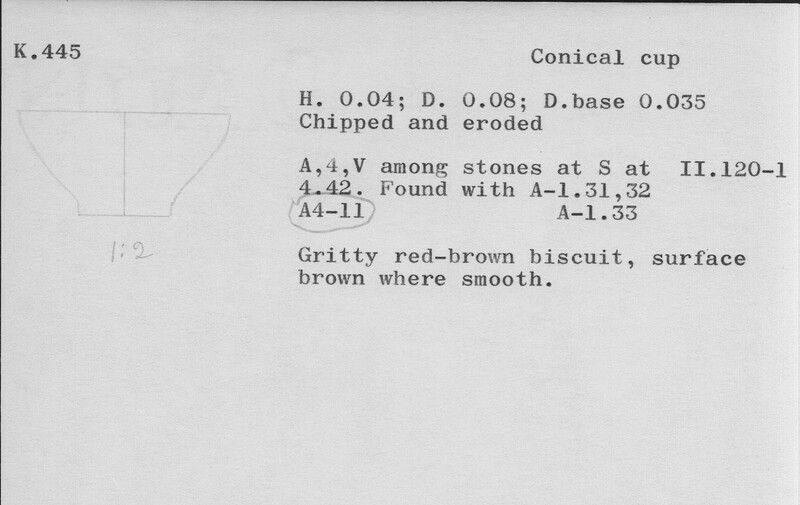 Index card with typed and handwritten information, sometimes including a sketch, of pottery from an excavation.