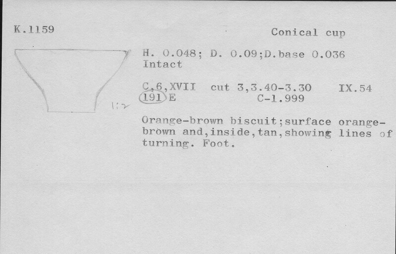 Index card with typed and handwritten information, sometimes including a sketch, of pottery from an excavation.