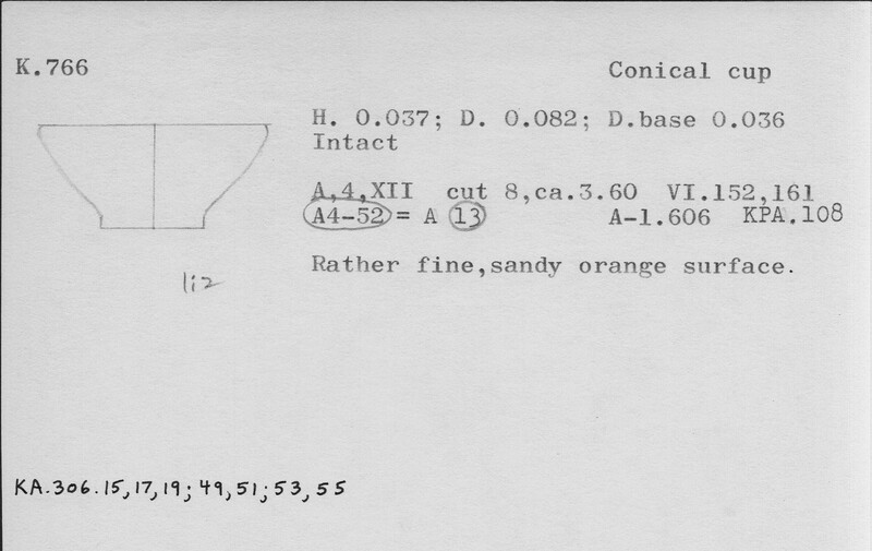 Index card with typed and handwritten information, sometimes including a sketch, of pottery from an excavation.