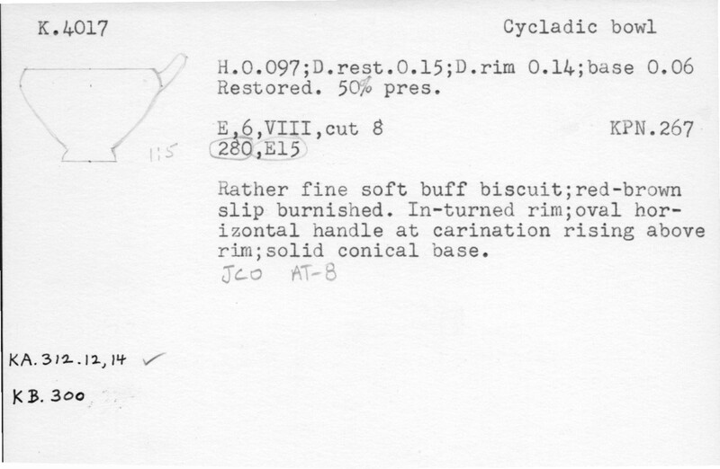 Index card with typed and handwritten information, sometimes including a sketch, of pottery from an excavation.