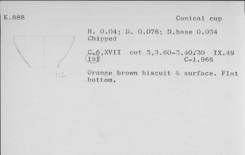 Index card with typed and handwritten information, sometimes including a sketch, of pottery from an excavation.