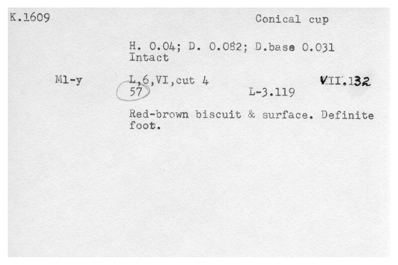 Index card with typed and handwritten information, sometimes including a sketch, of pottery from an excavation.