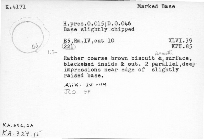 Index card with typed and handwritten information, sometimes including a sketch, of pottery from an excavation.