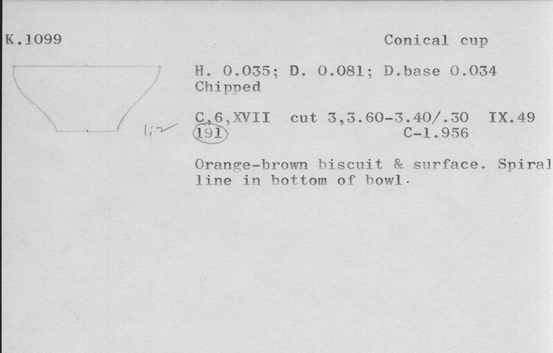 Index card with typed and handwritten information, sometimes including a sketch, of pottery from an excavation.