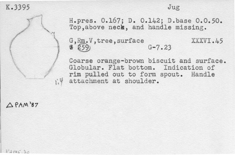 Index card with typed and handwritten information, sometimes including a sketch, of pottery from an excavation.