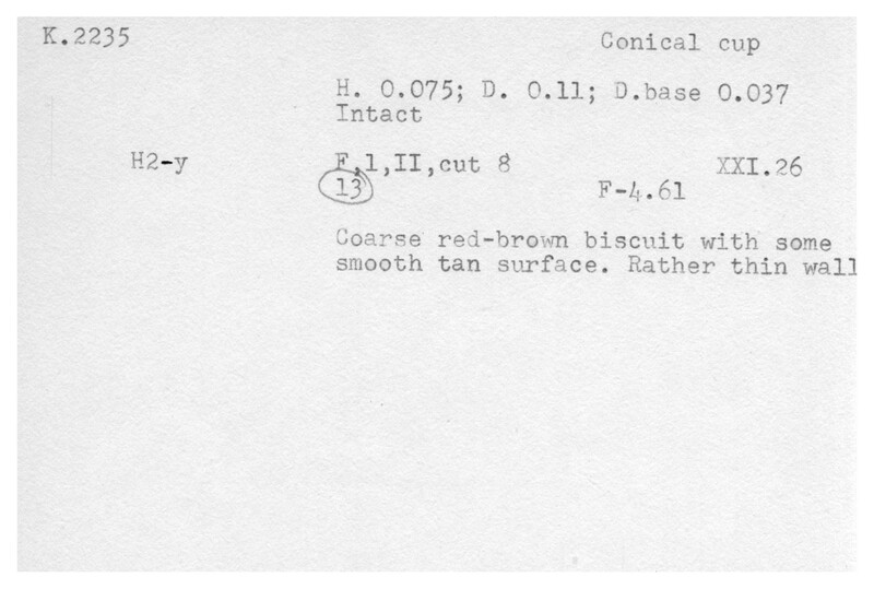 Index card with typed and handwritten information, sometimes including a sketch, of pottery from an excavation.