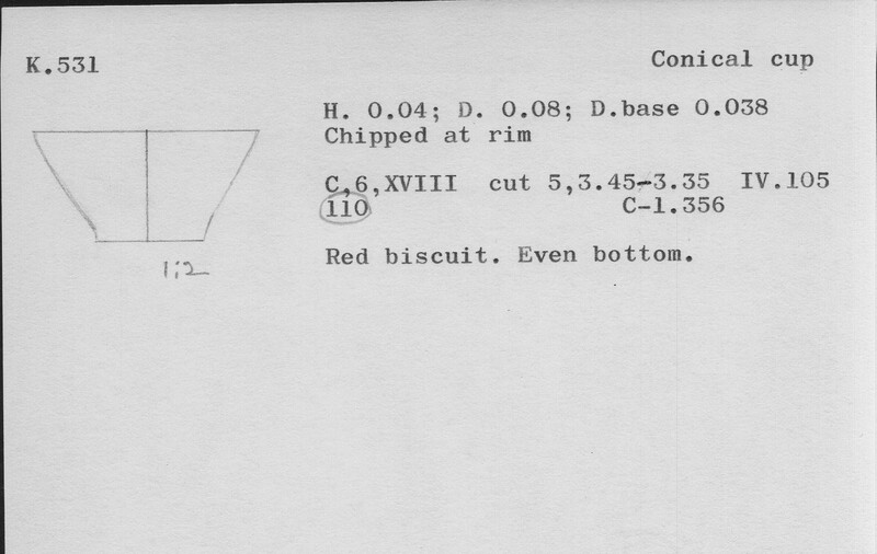 Index card with typed and handwritten information, sometimes including a sketch, of pottery from an excavation.