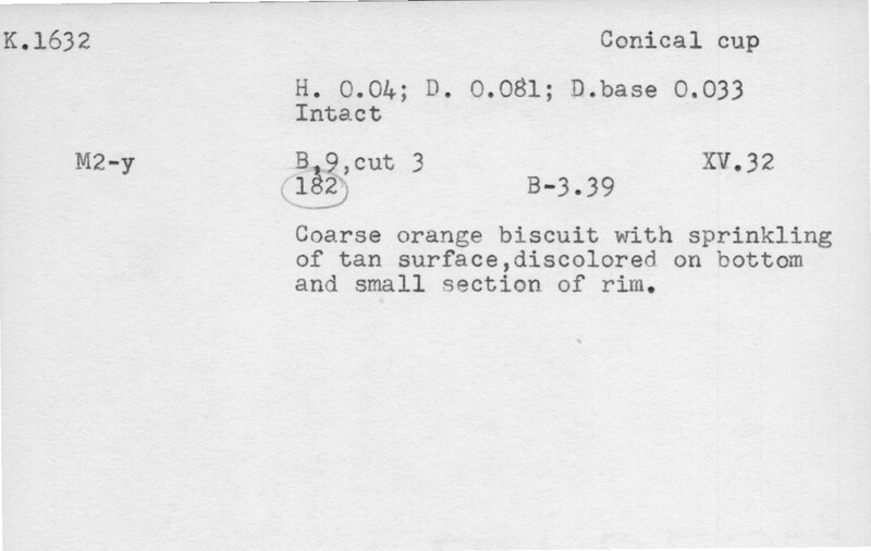 Index card with typed and handwritten information, sometimes including a sketch, of pottery from an excavation.