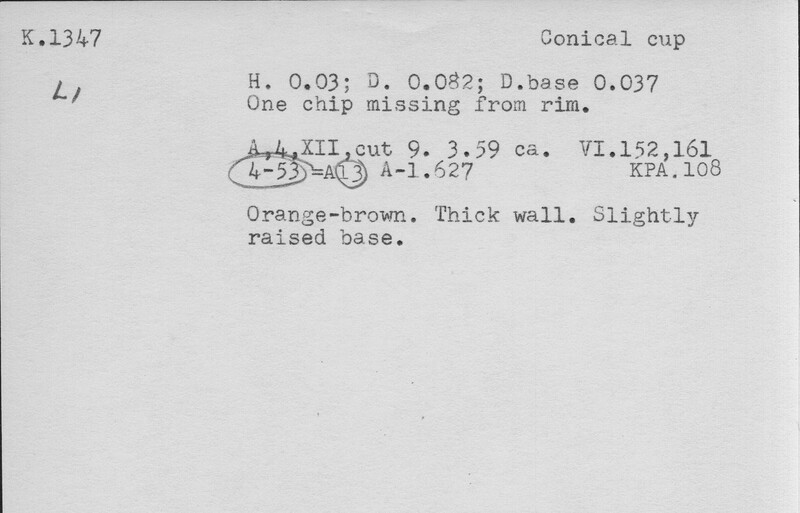Index card with typed and handwritten information, sometimes including a sketch, of pottery from an excavation.