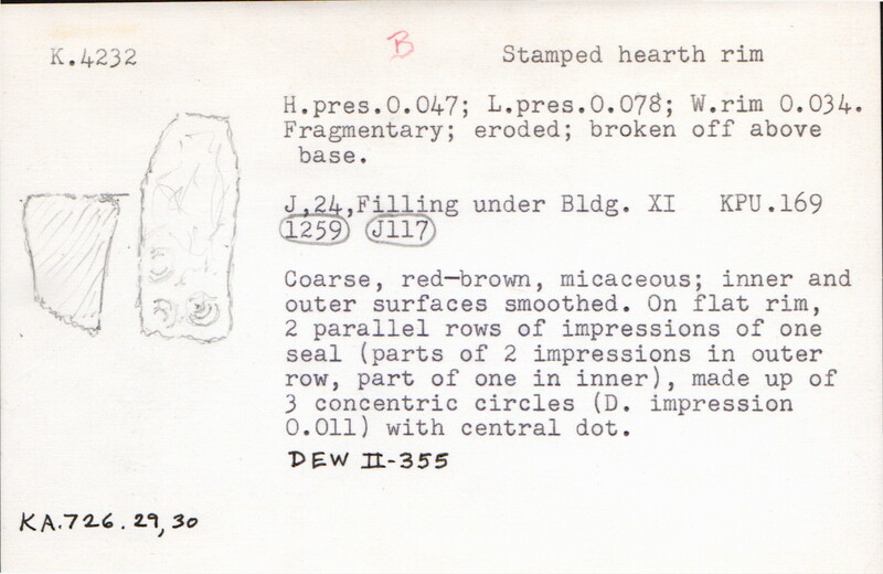 Index card with typed and handwritten information, sometimes including a sketch, of pottery from an excavation.