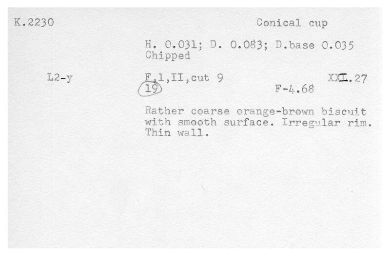 Index card with typed and handwritten information, sometimes including a sketch, of pottery from an excavation.