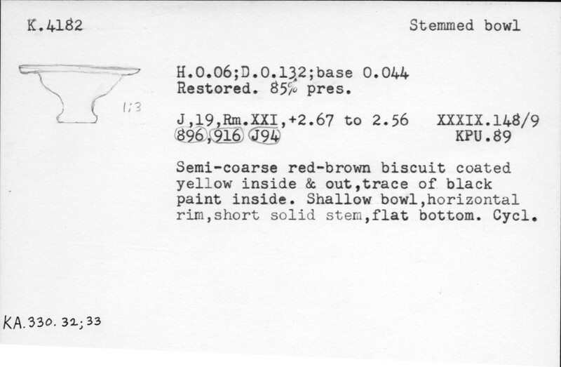 Index card with typed and handwritten information, sometimes including a sketch, of pottery from an excavation.