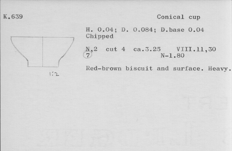 Index card with typed and handwritten information, sometimes including a sketch, of pottery from an excavation.