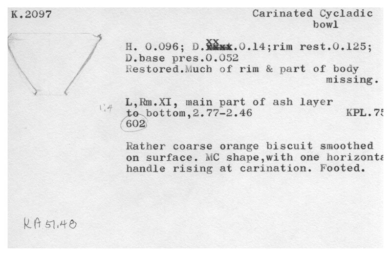 Index card with typed and handwritten information, sometimes including a sketch, of pottery from an excavation.