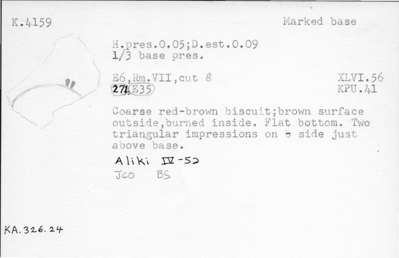 Index card with typed and handwritten information, sometimes including a sketch, of pottery from an excavation.