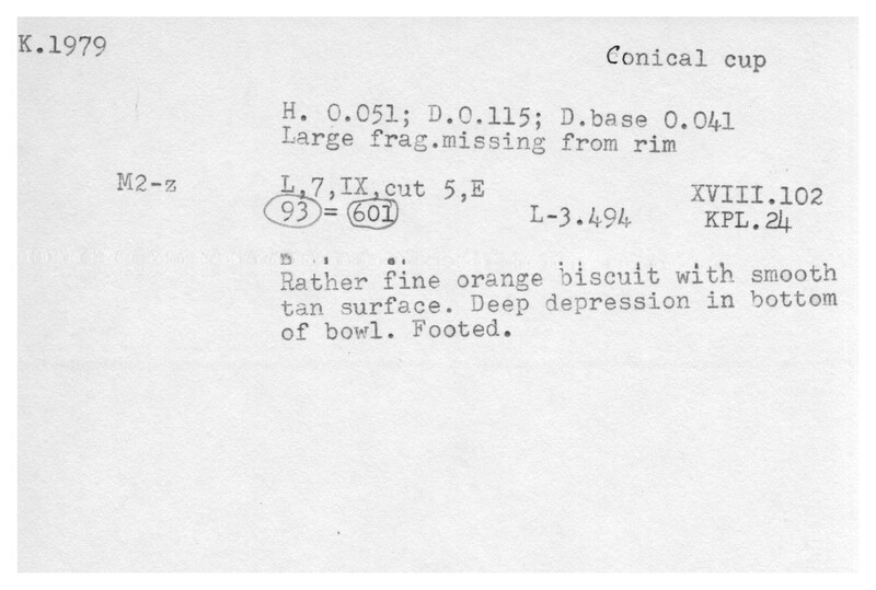 Index card with typed and handwritten information, sometimes including a sketch, of pottery from an excavation.