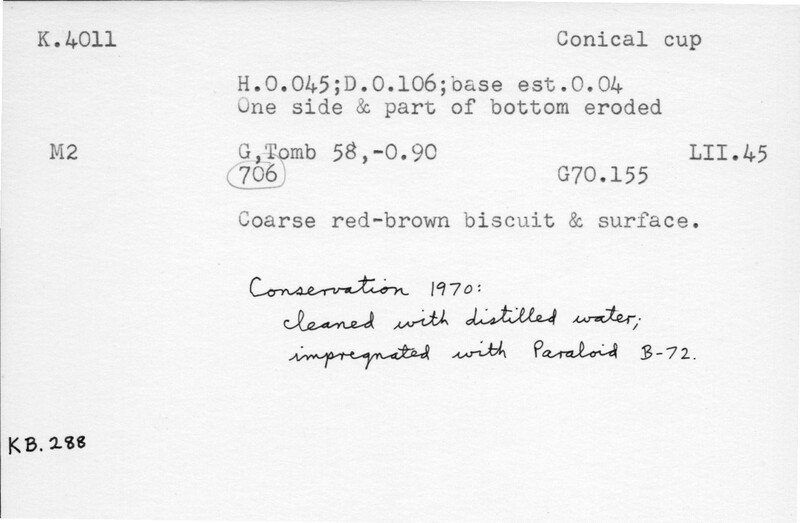 Index card with typed and handwritten information, sometimes including a sketch, of pottery from an excavation.