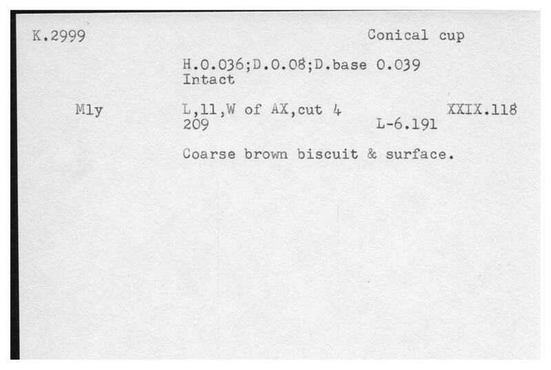 Index card with typed and handwritten information, sometimes including a sketch, of pottery from an excavation.