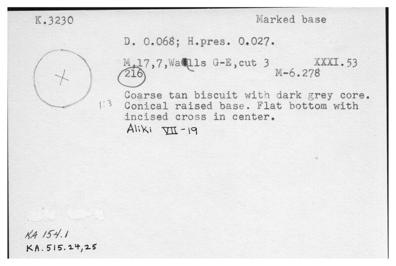 Index card with typed and handwritten information, sometimes including a sketch, of pottery from an excavation.