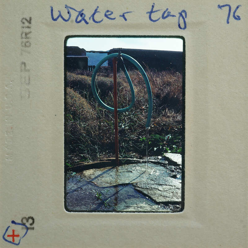 Water hose attached to a spigot with water dripping from it, set against a grassy background.