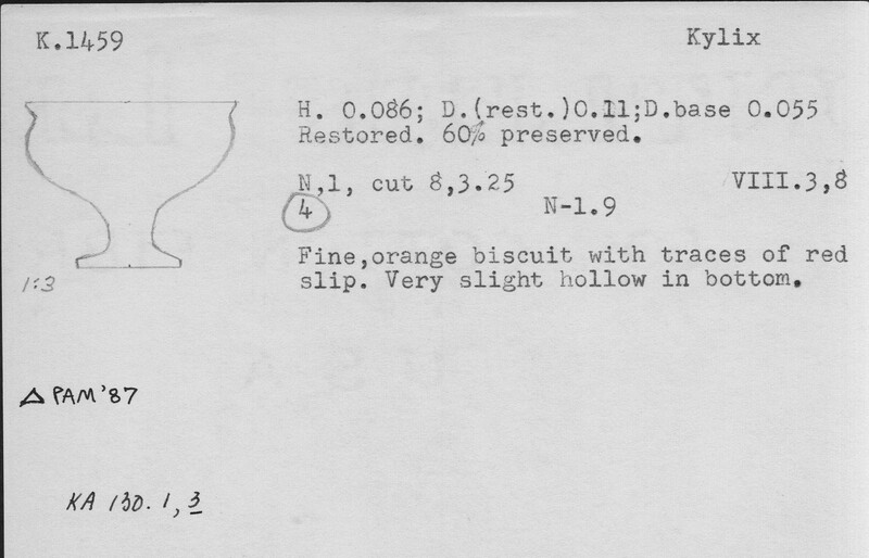 Index card with typed and handwritten information, sometimes including a sketch, of pottery from an excavation.