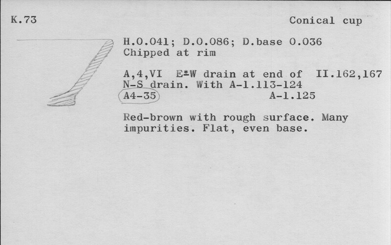 Index card with typed and handwritten information, sometimes including a sketch, of pottery from an excavation.