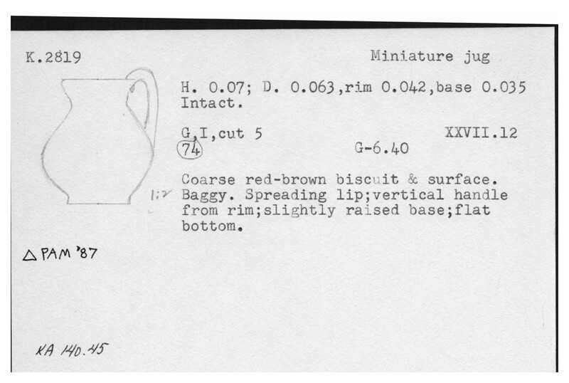 Index card with typed and handwritten information, sometimes including a sketch, of pottery from an excavation.