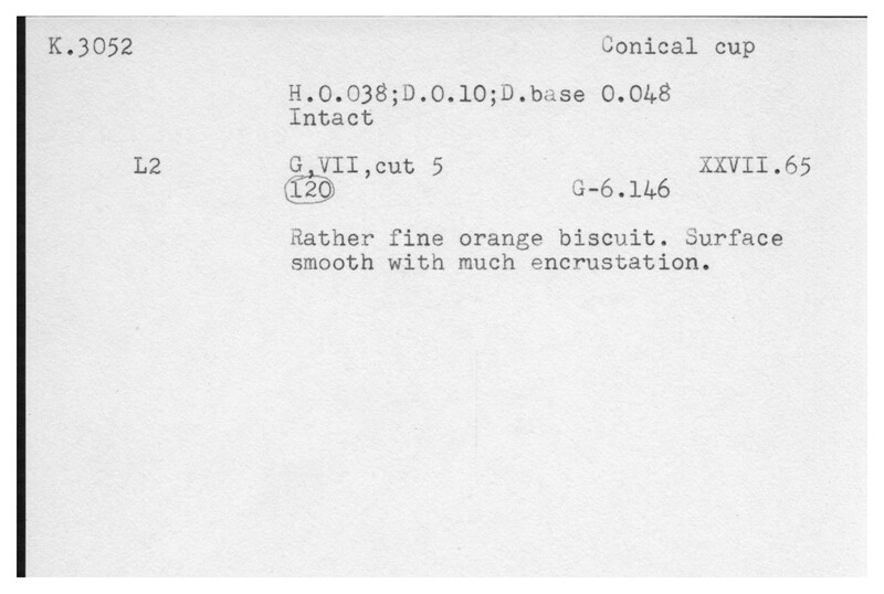 Index card with typed and handwritten information, sometimes including a sketch, of pottery from an excavation.