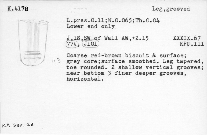 Index card with typed and handwritten information, sometimes including a sketch, of pottery from an excavation.
