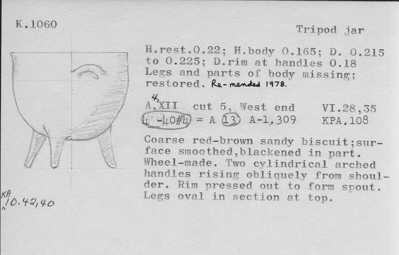 Index card with typed and handwritten information, sometimes including a sketch, of pottery from an excavation.