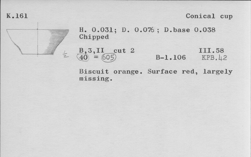 Index card with typed and handwritten information, sometimes including a sketch, of pottery from an excavation.