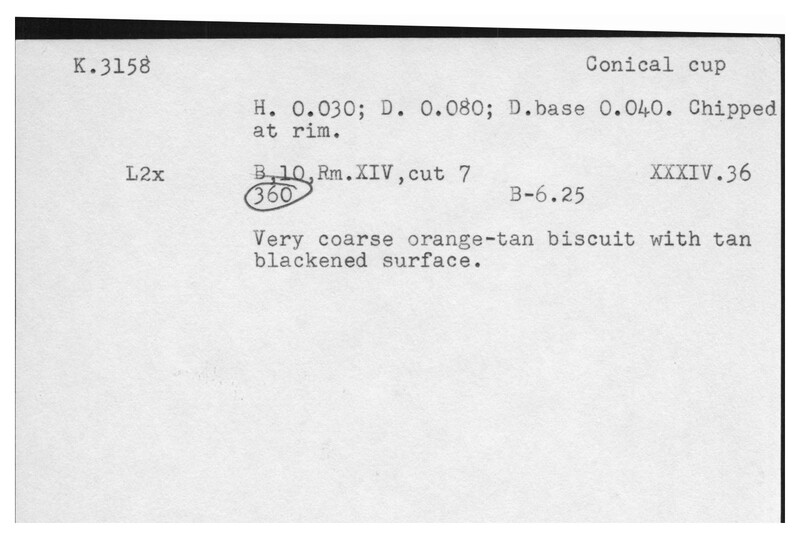 Index card with typed and handwritten information, sometimes including a sketch, of pottery from an excavation.