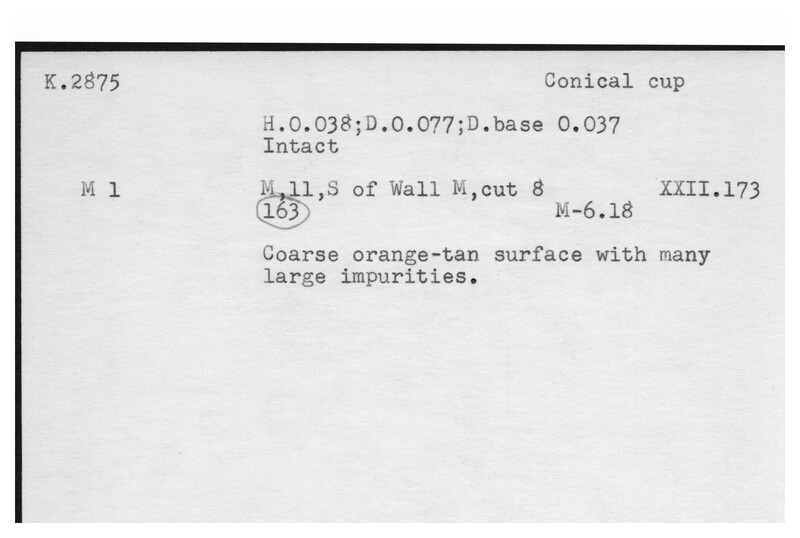 Index card with typed and handwritten information, sometimes including a sketch, of pottery from an excavation.