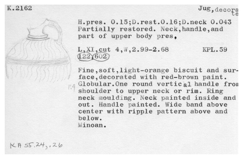 Index card with typed and handwritten information, sometimes including a sketch, of pottery from an excavation.