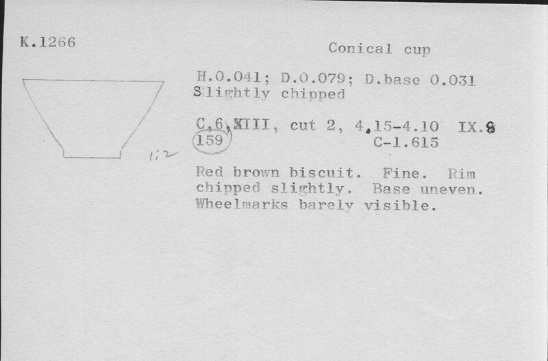 Index card with typed and handwritten information, sometimes including a sketch, of pottery from an excavation.