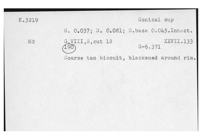 Index card with typed and handwritten information, sometimes including a sketch, of pottery from an excavation.