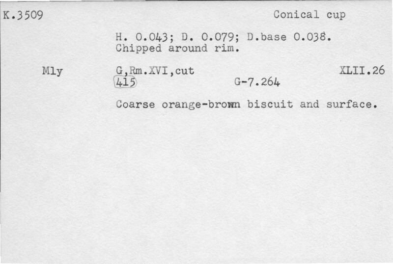 Index card with typed and handwritten information, sometimes including a sketch, of pottery from an excavation.