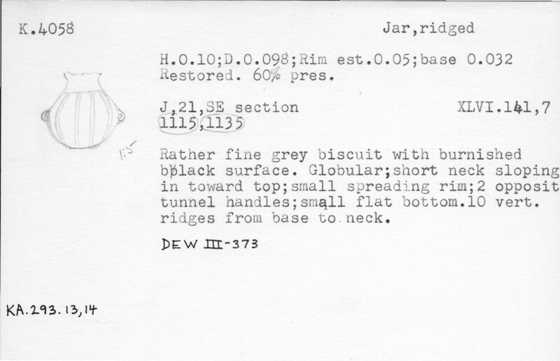 Index card with typed and handwritten information, sometimes including a sketch, of pottery from an excavation.