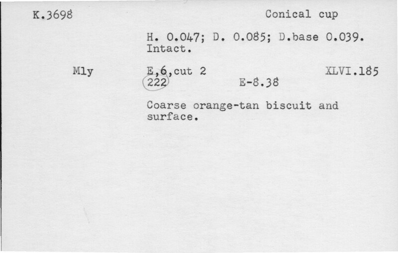 Index card with typed and handwritten information, sometimes including a sketch, of pottery from an excavation.