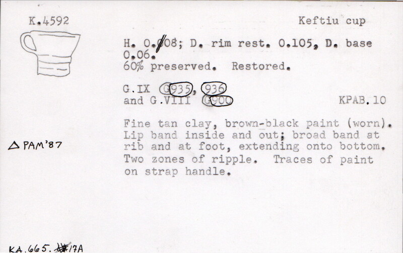 Index card with typed and handwritten information, sometimes including a sketch, of pottery from an excavation.