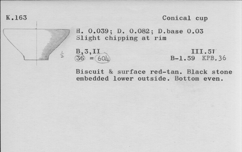 Index card with typed and handwritten information, sometimes including a sketch, of pottery from an excavation.