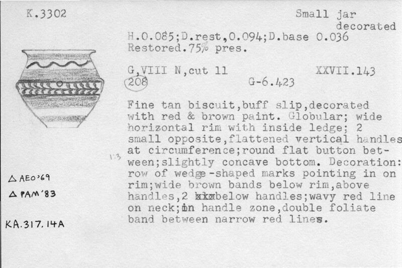 Index card with typed and handwritten information, sometimes including a sketch, of pottery from an excavation.