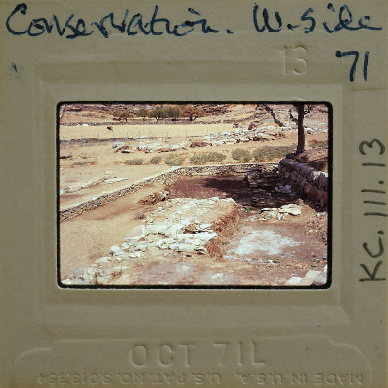 This is an image of a historical site with stone ruins and vegetation, captured on a film strip with a label indicating it's from October 1971.