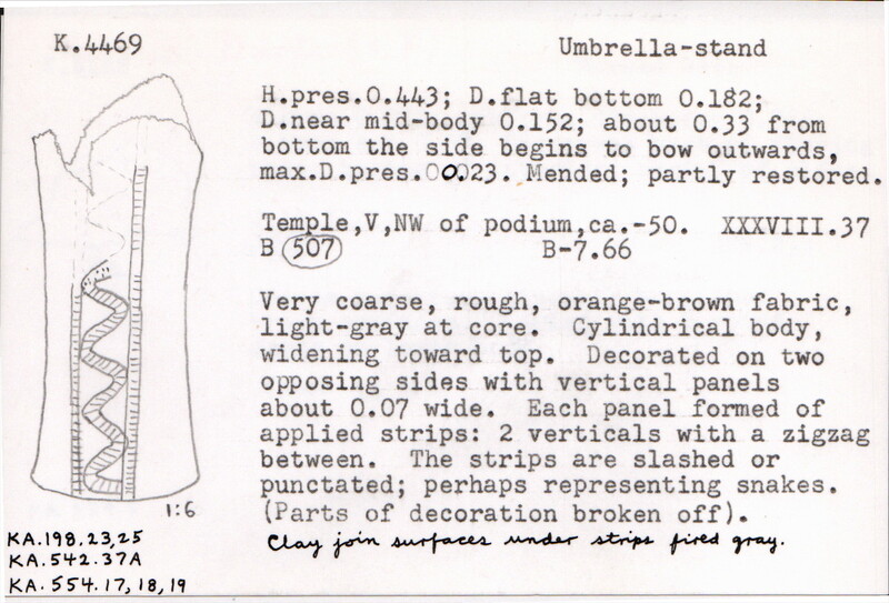 Index card with typed and handwritten information, sometimes including a sketch, of pottery from an excavation.