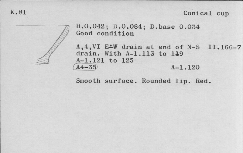 Index card with typed and handwritten information, sometimes including a sketch, of pottery from an excavation.