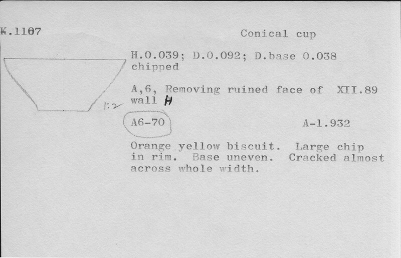Index card with typed and handwritten information, sometimes including a sketch, of pottery from an excavation.